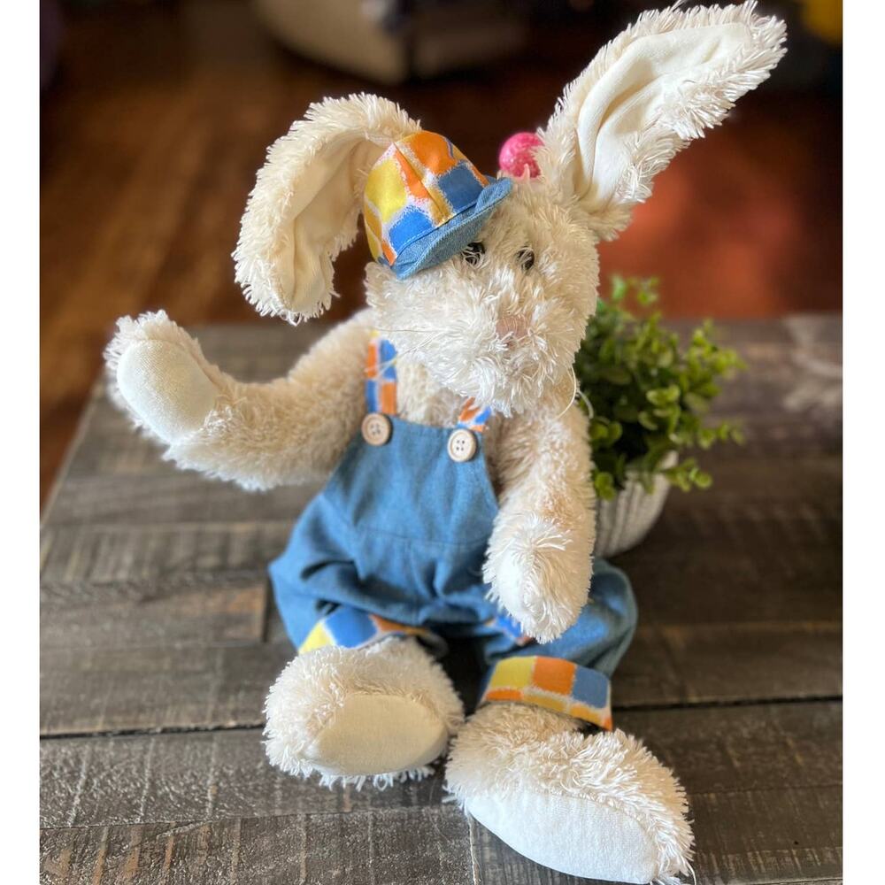 Bunny Rabbit Plush Wearing‎ Overalls & A Hat Poseable Ears 18" Stuffed Animal